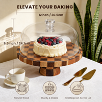 Support à gâteau en bois avec couvercle en acrylique incassable, plateau rond à carreaux de 12 pouces, ensemble 2-en-1 pour présentation de gâteaux et plateau à charcuterie