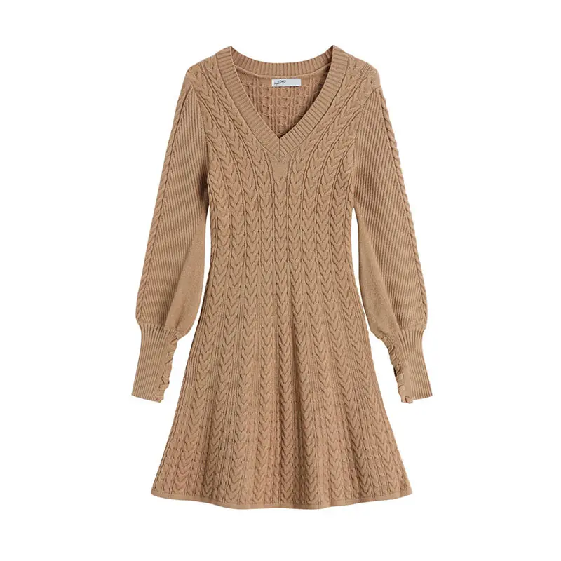 Winter and autumn high quality French autumn and winter retro fashion twist v-neck sexy puff sleeve lace-up knitted A-line dress