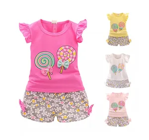 Set pakaian bayi perempuan dua potong, baju anak perempuan katun motif kartun + celana pendek dekorasi pita