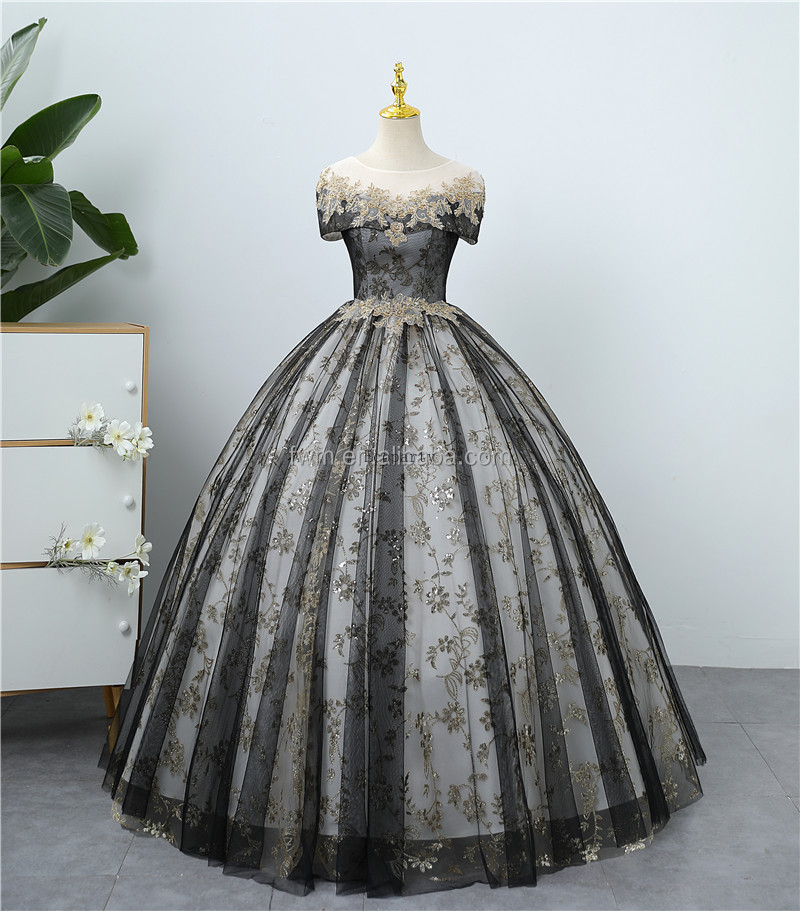 Minthson Drop Ship Black Tulle Special Occasion Ball Dress With Gold Lace  Applique Short Sleeves Slim Fitting Evening Party Gown| Alibaba.com