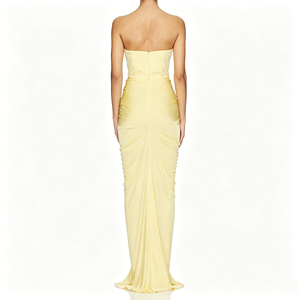 Robe de soirée sirène froncée sans bretelles, étiquette privée OEM, jaune pâle, longue, formelle, pour invitée de mariage, bal de promo, personnalisable - Product Image 4