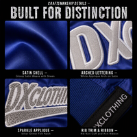 Blouson Bomber Personnalisé Bleu Royal 460 g/m² en Satin avec Écussons Multiples, Logo Arqué sur le Devant, Bordure en Tricot Côtelé, Style Universitaire Streetwear OEM ODM