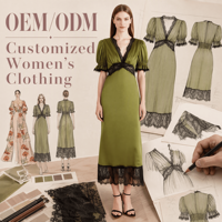 Robe midi élégante en satin vert olive sur mesure, avec bordure en dentelle noire, col en V, manches courtes bouffantes, robe de soirée pour femmes