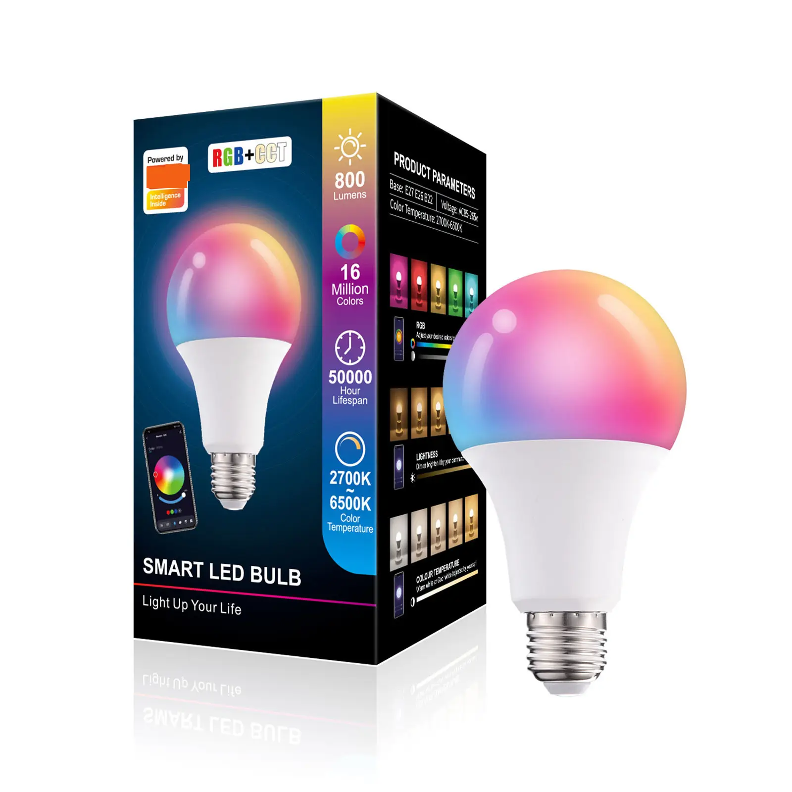 Bombilla LED inteligente RGB CCT E27, Control por Bluetooth, luz cálida