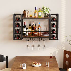 رف نبيذ معدني متعدد الوظائف ذو طبقتين مثبت على الحائط بتصميم عتيق مع عرض للزجاجات المعلقة لتخزين المطبخ - Product Image 5