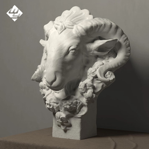 Sculpture de tête de chèvre en marbre à relief floral, tête de mouton sculptée en <span class=keywords><strong>pierre</strong></span> naturelle, art mural pour l'intérieur et l'extérieur, jardin - Product Image 4
