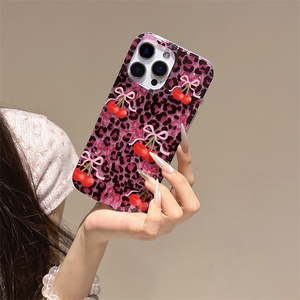 Glitter Leopard Bow Cherry Mobile Phone case for iPhone 17 16 15 14 13 Pro Max charms Love IMD Chain pink PC back <b>Cover</b> New - Product Image 4