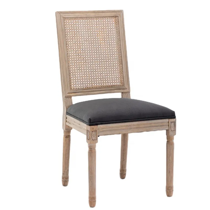 New Retro Rubber Solid Wood Rattan Back Chair Linen Fabric Cushion Exquisite Art Carved Wooden Legs Louis Dining Chair