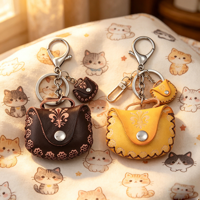 Cute Mini Leather Bag Charms Mini Purse Keychain Floral Pattern Earbud Holder Keyring Accessory Gift