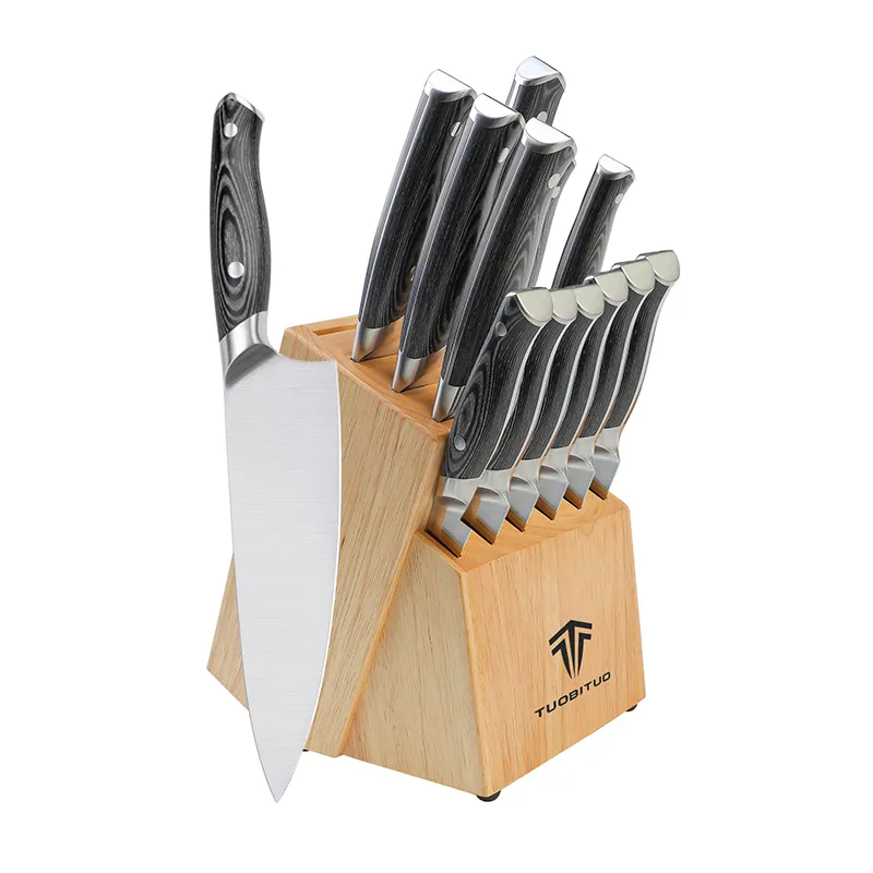Tuobituo Pakka cabo de madeira profissional de aço inoxidável de alto carbono forjado conjunto de facas mestre de cozinha com bloco de madeira