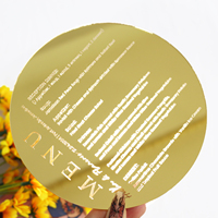 Tarjetas de menú acrílicas de forma redonda de espejo dorado para boda o fiesta con palabras de grabado personalizadas
