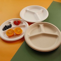 Assiettes rondes biodégradables en bagasse compostable à 3 compartiments de 9 pouces pour le camping