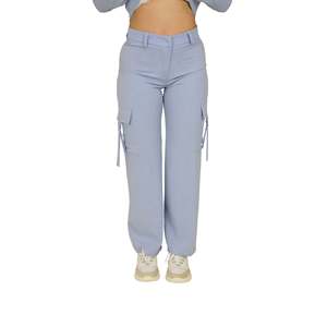 Women's Pants Sky Blue High Waist Cargo Wide Leg <b>Trousers</b> With Side Pockets And <b>Drawstrings</b> For Casual Wear - Product Image 1