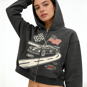 Felpa con cappuccio vintage in cotone all'ingrosso, crop top con zip, stampa bandiera USA e bandiera scozzese, stampa auto da corsa, unisex, in pile, ODM, stile Y2K Street - Product Image 1