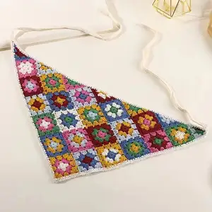 Retro Hairband Colorful Knitted Bandana Flower Pattern Crochet Headband Triangle Scarf Tie Back Headwrap