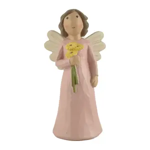 Figurine d'ange artisanal en résine 5.75 pouces H rose mignon avec fleur jaune pour cadeau décoration de la maison