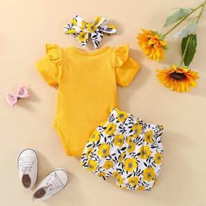 Conjunto de Ropa para Bebé Niña Recién Nacida, Amarillo, Tres Piezas, Estampado de Letras, Manga Corta, Estilo Casual para Verano - Product Image 4