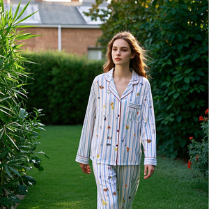 Spring Fruit & Stripe Print Pyjamas Set Designer Pyjamas Zweiteilige Bambus Nachtwäsche Custom Pyjamas Frauen Baumwolle Frau Pyjama - Product Image 1