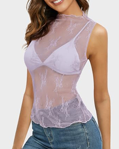 Top in maglia Sexy a strati trasparenti personalizzato in fabbrica per donna sera Night Party Club senza maniche con ricamo floreale prospettiva Top - Product Image 5