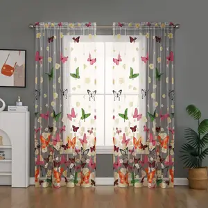 蝴蝶彩色透明窗帘基本杆口袋网透明半透明窗帘客厅卧室窗帘