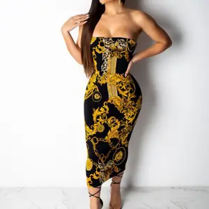 Sexy Women Fashion Gold Chain Print Sleeveless Word Collar Backless Dress Casual Mid-Calf Ladies Dresses