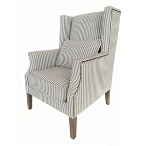 Sillón <span class=keywords><strong>de</strong></span> lino a <span class=keywords><strong>rayas</strong></span> estilo vintage francés con respaldo alto, estructura <span class=keywords><strong>de</strong></span> madera maciza y adornos <span class=keywords><strong>de</strong></span> clavos. - Product Image 1