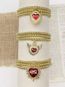 Linda Pulsera con Colgante en Forma de Corazón CZ Momma, Pulsera con Módulo de Colgante CZ Momma en Oro, Accesorio CZ Momma, Pulsera Elástica con Cuentas - Product Image 5