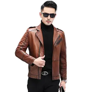 Vestes en cuir de mouton hommes, huile cire de haute qualité, Slim vestes en cuir de moto pour hommes