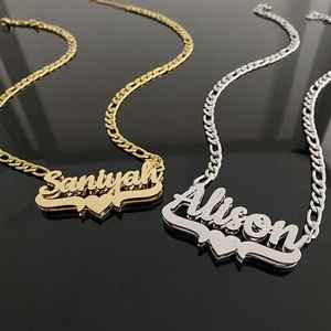 Collar de cadena de bambú de doble capa con letras y corazón Saniyah de diamantes de acero inoxidable personalizado para mujer, estilo europeo-americano, superventas - Product Image 4