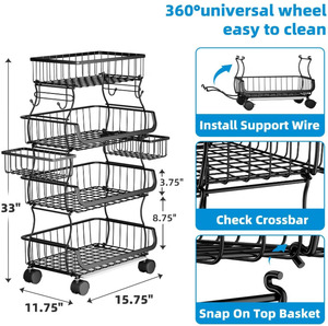 Cestino Impilabile per Frutta e Verdura con Ruote e Portabananane, <span class=keywords><strong>Carrello</strong></span> a 4 Ripiani per Organizzazione e Conservazione in Cucina - Product Image 6