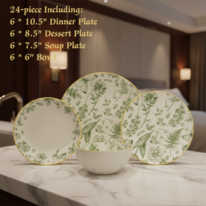 <span class=keywords><strong>Service</strong></span> de vaisselle en céramique classique 24 pièces, élégant, avec motifs de feuilles en relief, assiettes et bols, imprimé floral botanique <span class=keywords><strong>vert</strong></span> - Product Image 1