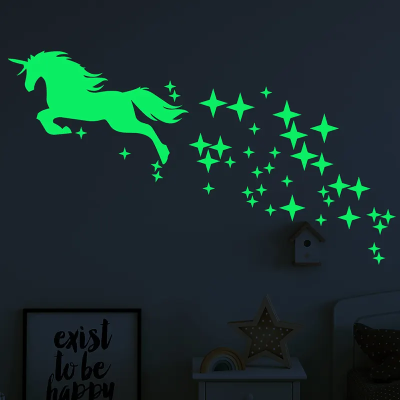 Светящиеся наклейки на стену с единорогом и звездами, светящиеся в темноте лошади, настенные наклейки, домашний декор для детской, гостиной, спальни, обои