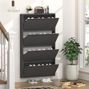 <span class=keywords><strong>Armoire</strong></span> à <span class=keywords><strong>chaussures</strong></span> murale noire en métal, fine et discrète, pour entrée, avec 4 tiroirs rabattables - Product Image 1