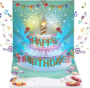 Musical Birthday Cards, 3D Pop Up LIGHT Blowable Cake Happy Birthday Cards with Music and Cheers Sound