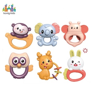 Ensemble de 6 hochets et anneaux de dentition musicaux en silicone pour bébé, jouet doux en forme d'animal mignon, sans BPA, anneaux à mâcher pour les dents de bébé - Product Image 1