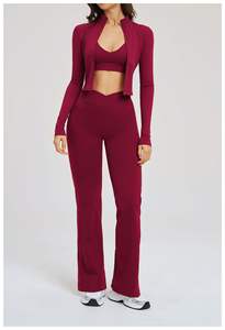 ชุดโยคะ 3 ชิ้นสำหรับผู้หญิง กางเกงเลกกิ้งเอวสูงทรงบาน เสื้อชั้นในกีฬา เสื้อแจ็คเก็ตมีซิป ชุดออกกำลังกาย ชุดฟิตเนส ชุดกีฬา - Product Image 2