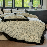 Parure de lit en double gaze 100 % coton 40S, certifiée Oeko-Tex, motif floral vintage français, avec housse de couette et garniture en dentelle noire à volants