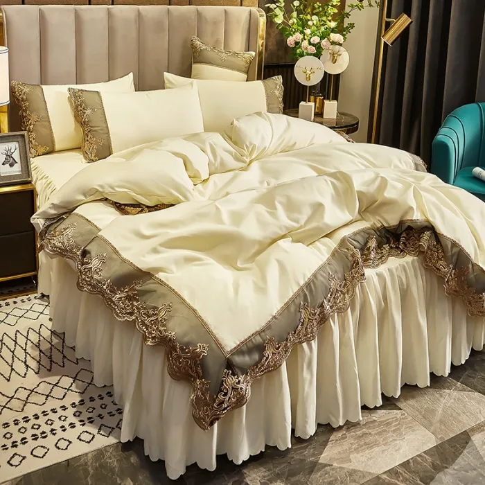 Set di biancheria da letto stile gonna letto ricamata di lusso di alta qualità in tinta unita foglio di nozze e copripiumino