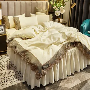 חצאית מיטה סגנון רקמה מצעים יוקרתיים באיכות גבוהה צבע אחיד מיטה חתונה מיטה כיסוי לשמיכה