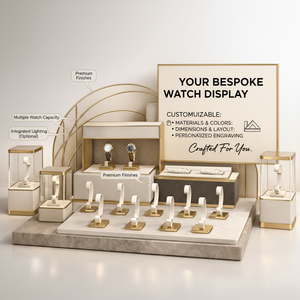 Expositor de Relojes de Microfibra Beige de Lujo de Alta Gama, Soporte de Exhibición de Joyería de Metal Dorado Cepillado para Mostrador/Vitrina RODEN/OEM - Product Image 2