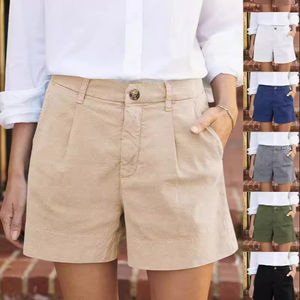 Pantalones cortos de verano para mujer, pantalones cortos de sarga elásticos suaves con bolsillos laterales, pantalones cortos cómodos de viaje diario con botones rectos sólidos clásicos - Product Image 3