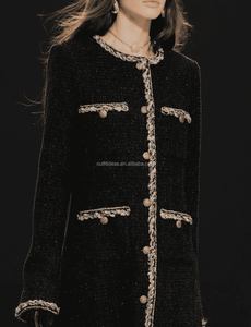 FW25/26อย่างหรูหรามีแท็กของผู้หญิงชุดเดรสยาวผ้าฝ้ายทวีดสีดำสีทองหรูหราแจ็คเก็ตทวีตยาว - Product Image 2