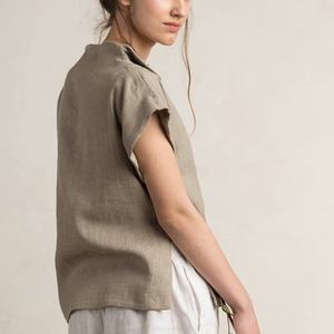 <b>Linen</b> Women's Casual Wear Solid Woven Breathable Regular Fit Bohemian <b>Top</b> with Short Sleeves & Turn Collar - Product Image 5