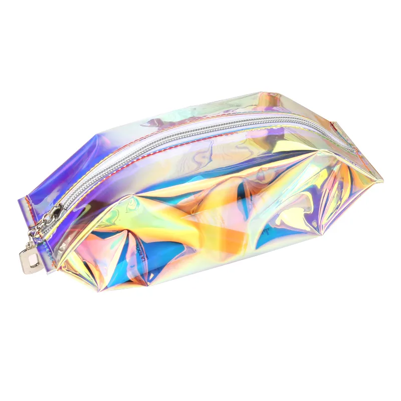 Bolsa holográfica transparente de moda con cremallera, venta al por mayor de bolsas de cosméticos láser para organización de maquillaje