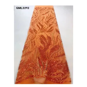 Tissu de dentelle à paillettes orange, plume, tissu scintillant, prix de gros, lacets pour femmes, vêtement, 2022