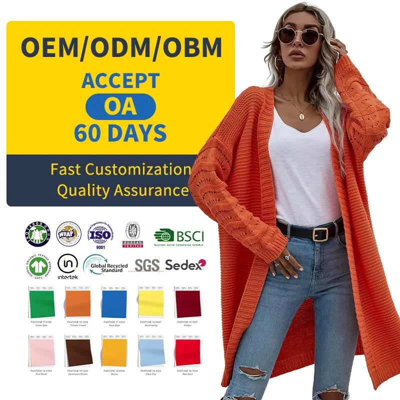 Consegna veloce ODM/OEM maglione donna Cardigan lungo lavorato a maglia Oversize scollo a V link Cardigan maglione lavorato a maglia fantasia Pointelle donna