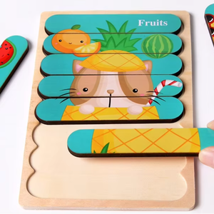Rompecabezas de Madera con Tiras, Juguete Educativo Temprano para Niños, Historias de Animales de Dibujos Animados, Transporte, Frutas, Tablero de Doble Cara - Product Image 1