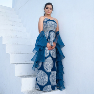 Elegant Blue Printed Sleeveless Peplum Crop Top with Palazzo and Organza Dupatta with Pearls Cut-dana and Mirror work - Product Image 1