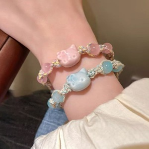 Cute Cartoon Kitty Ceramic Charm Bead Tassel Adjustable Wrap Gold Plated Hand Rope Braided Friendship <b>Bracelet</b> - Product Image 2