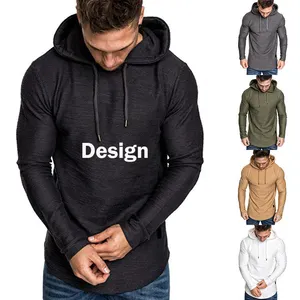 Custom logo men fitted oversized thick 220 gsm cotton black long sleeve hooded t shirt